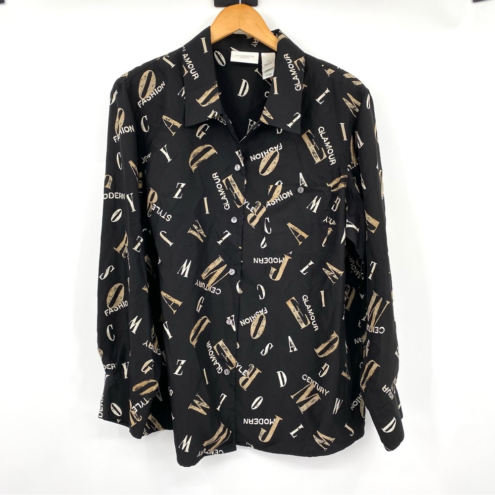 Vintage 100% Silk Button-Up Shirt‎ Sz 14 W Fashion Typography Style Glamour AOP - Picture 2 of 15